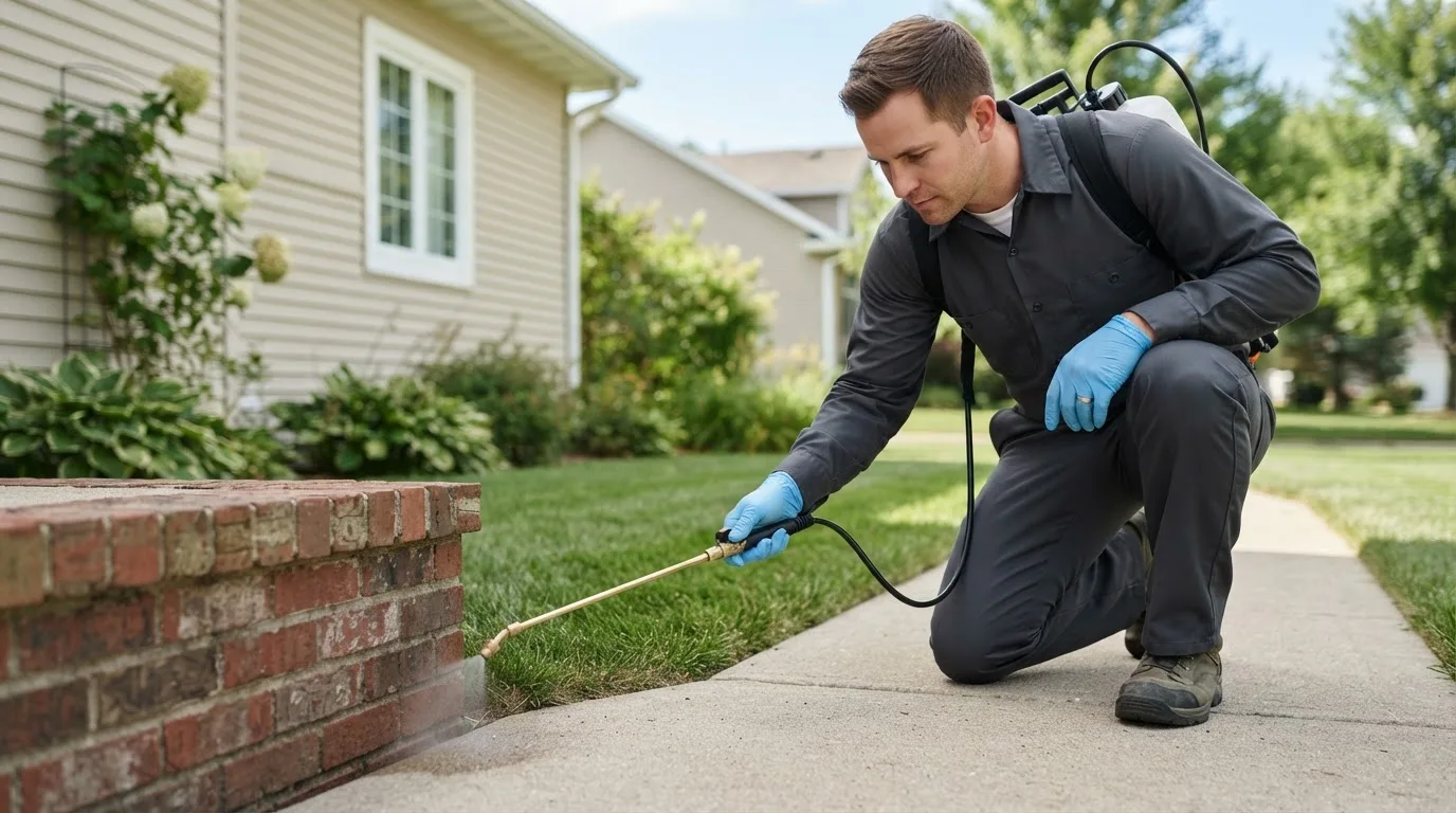 Pest control technician treating a home near Roslindale, MA