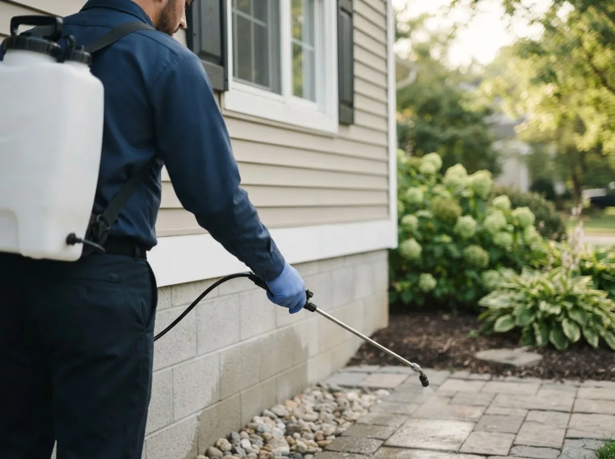 Pest control technician inspecting a home in Roslindale, MA